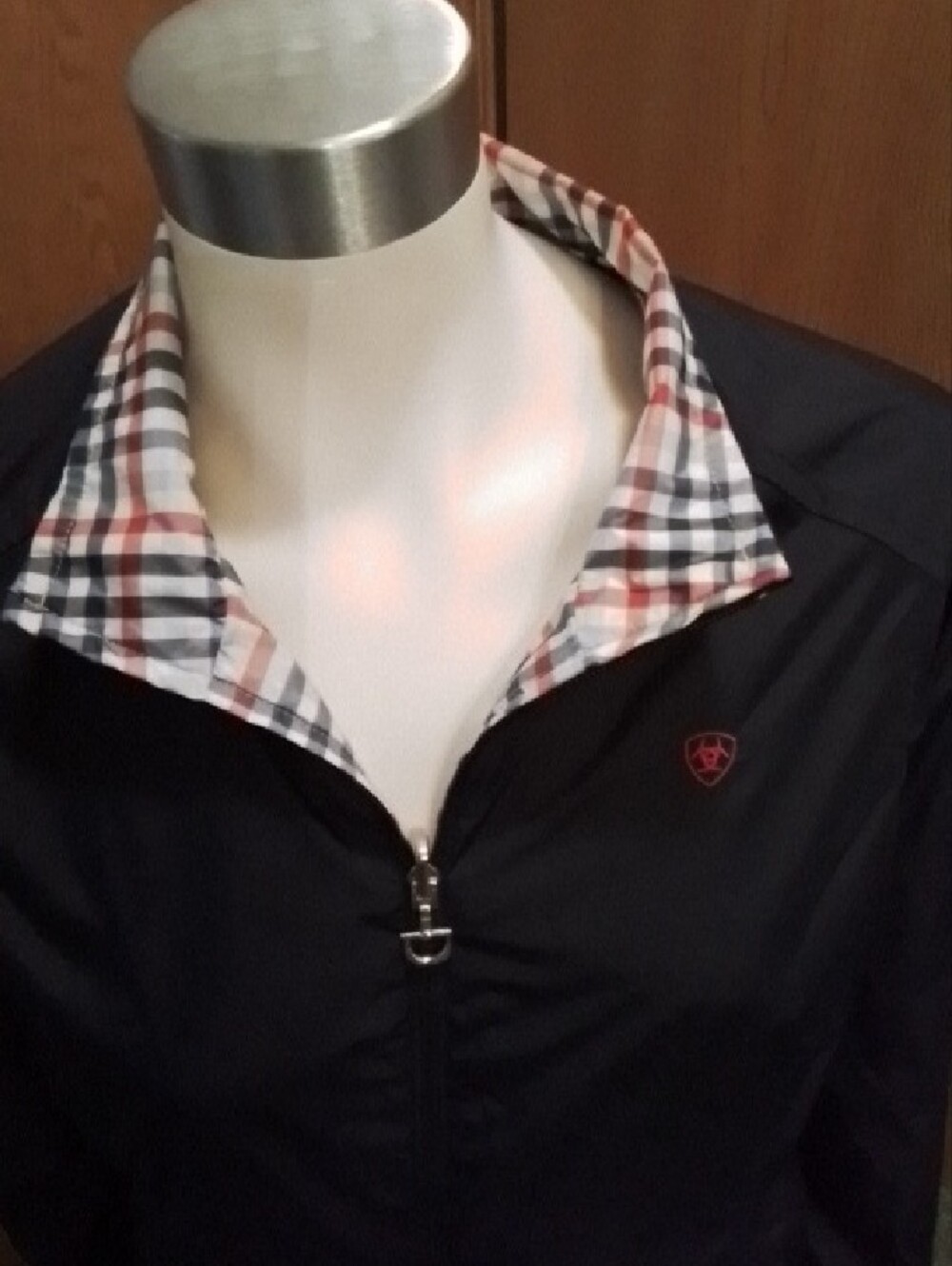 Ariat Reversible White, Navy & Red Plaid Zip-front Jacket, Large.